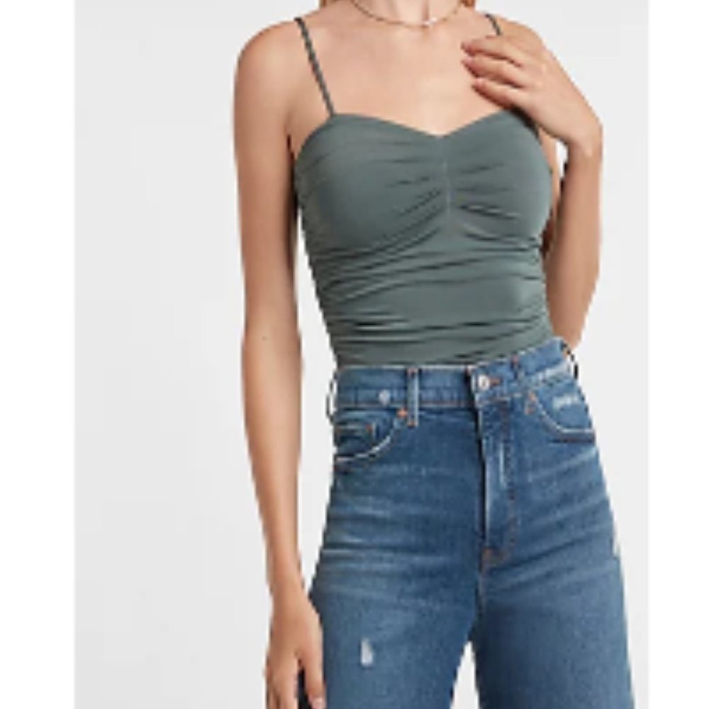 Express Body Contour Compression Ruched Bodysuit Basil Colored